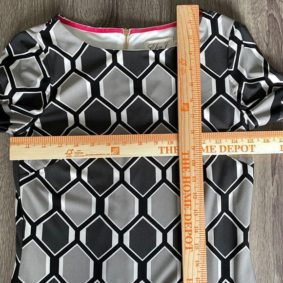 Eliza J Dress Women's 2 Gray Pink Shift Geometric 1/2 Sleeve Art Deco 60's Mod - Picture 12 of 14